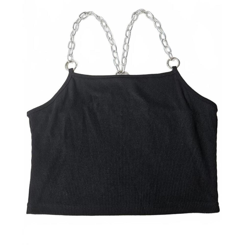 Black Ribbed Crop Top with Chain Detail Straps - Women's Size Small